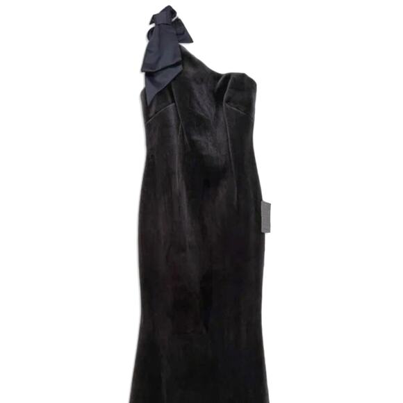 NWT ELIZA J Velvet One Shoulder Bow Accent Asymmetrical Gown Maxi Dress - Picture 6 of 11